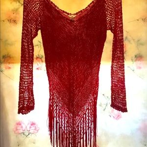 Fina Moda, Red Beaded Lace and Fringe Top